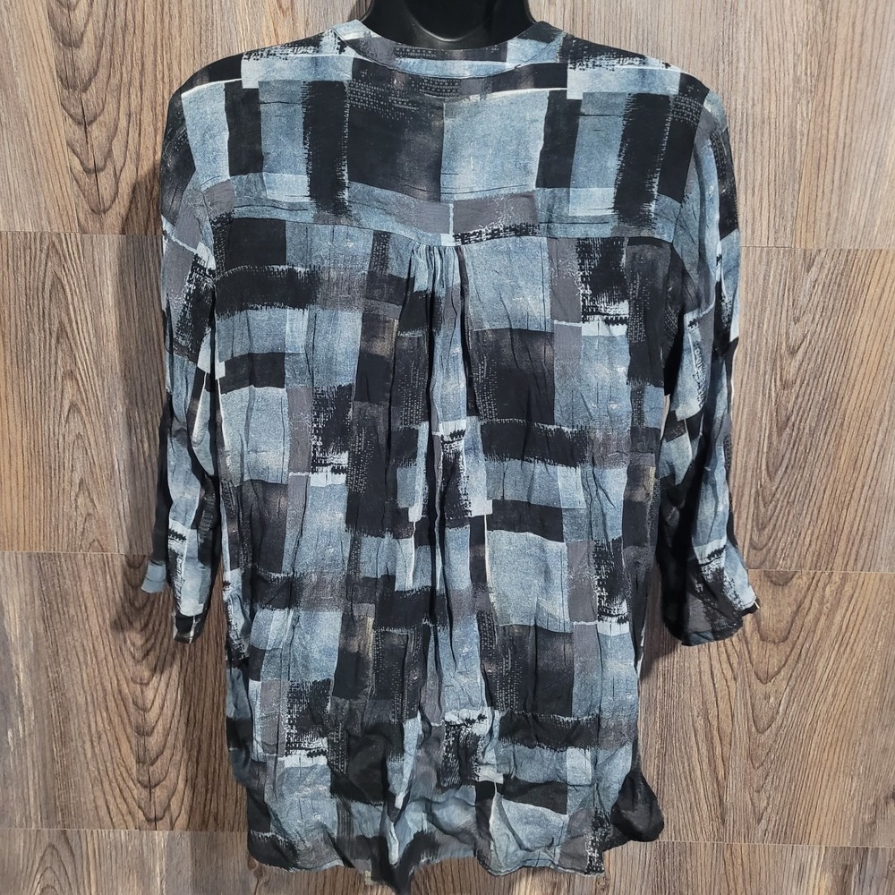 APNY Abstract SemiSheer Blouse Lg Muted Blue/Black Tasseled Popover Lightweight - Picture 7 of 10
